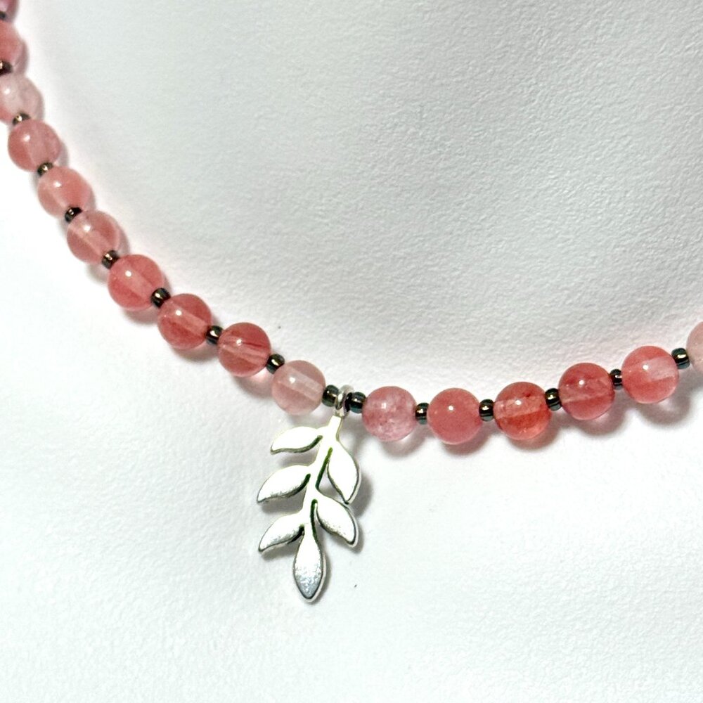 Cherry Quartz Short Necklace with Silver Leaf Branch Pendant